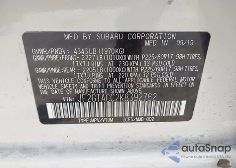 2019 Subaru Crosstrek 2.0I Premium из США, поврежденный, VIN JF2GTACC2K8392762